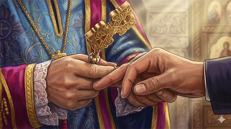The priest places the blessed ring