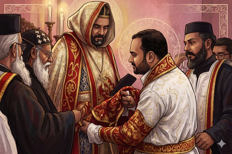 A bishop ordains through the laying on of hands